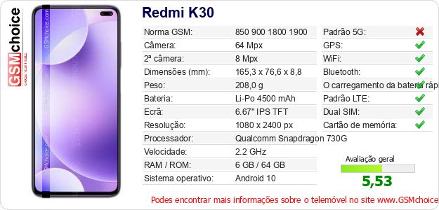 Redmi K30 Especificações técnicas do telemóvel Redmi K30 Especificações técnicas do telemóvel