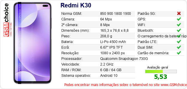 Redmi K30 Especificações técnicas do telemóvel 