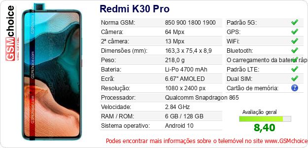 Redmi K30 Pro Especificações técnicas do telemóvel Redmi K30 Pro Especificações técnicas do telemóvel