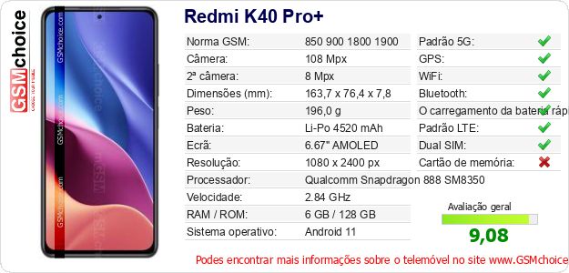 Redmi K40 Pro+ Especificações técnicas do telemóvel 