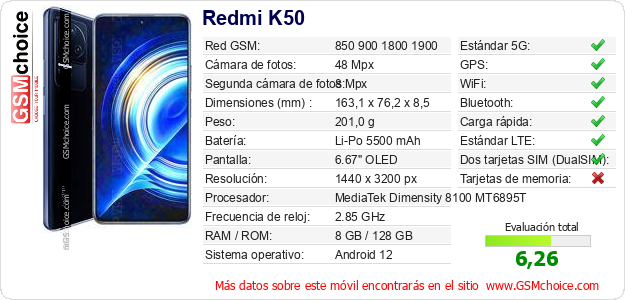 Redmi K50 Datos técnicos del móvil 