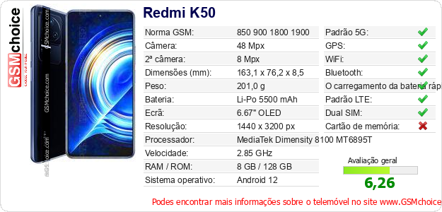 Redmi K50 Especificações técnicas do telemóvel 
