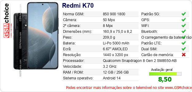 Redmi K70 Especificações técnicas do telemóvel 