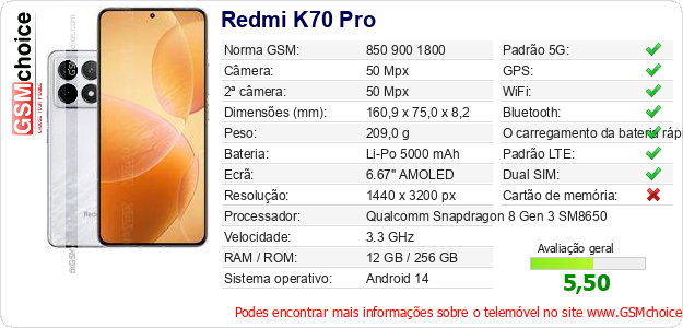 Redmi K70 Pro Especificações técnicas do telemóvel Redmi K70 Pro Especificações técnicas do telemóvel