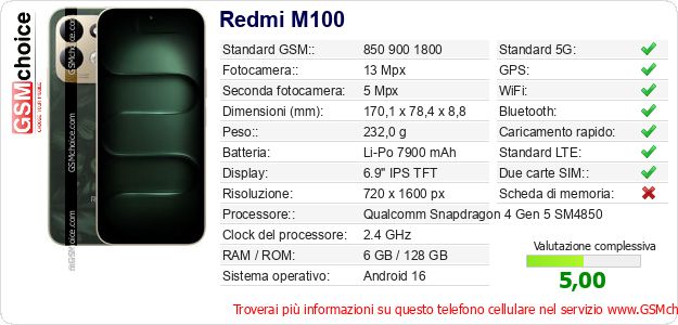 Redmi M100 Dati tecnici di telefono cellulare 