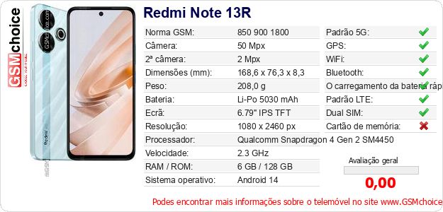 Redmi Note 13R Especificações técnicas do telemóvel Redmi Note 13R Especificações técnicas do telemóvel