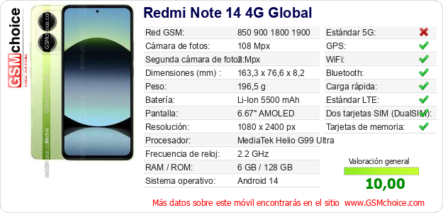Redmi Note 14 4G Global Datos técnicos del móvil Redmi Note 14 4G Global Datos técnicos del móvil