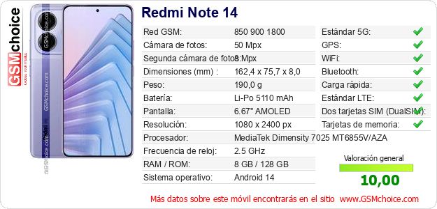 Redmi Note 14 Datos técnicos del móvil Redmi Note 14 Datos técnicos del móvil
