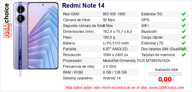 Redmi Note 14 Datos técnicos del móvil 