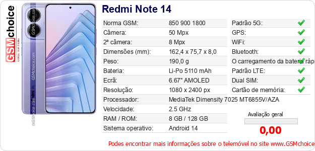 Redmi Note 14 Especificações técnicas do telemóvel 