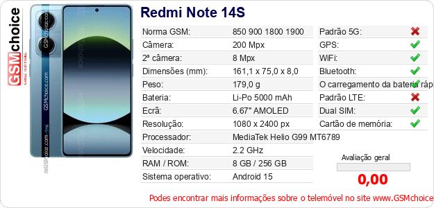 Redmi Note 14S Especificações técnicas do telemóvel 