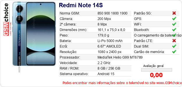 Redmi Note 14S Especificações técnicas do telemóvel 
