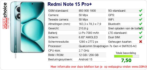 Redmi Note 15 Pro+ Technische gegevens Redmi Note 15 Pro+ Technische gegevens