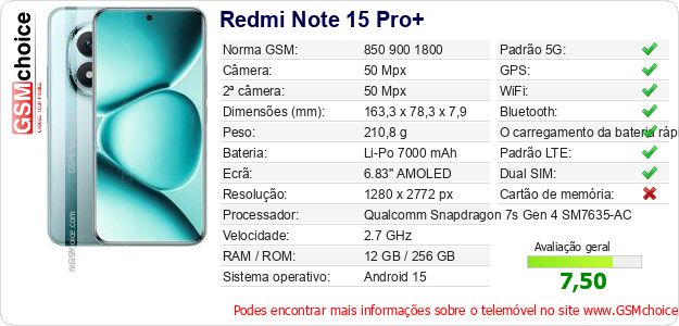 Redmi Note 15 Pro+ Especificações técnicas do telemóvel 