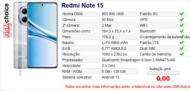 Redmi Note 15 Especificações técnicas do telemóvel Redmi Note 15 Especificações técnicas do telemóvel