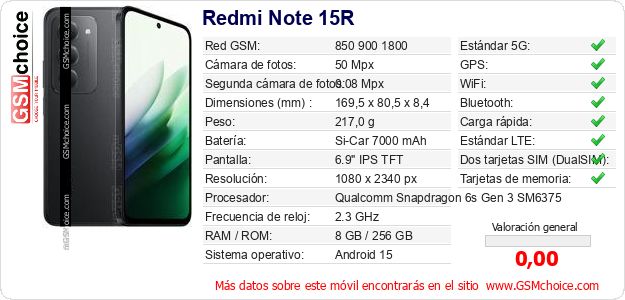 Redmi Note 15R Datos técnicos del móvil Redmi Note 15R Datos técnicos del móvil