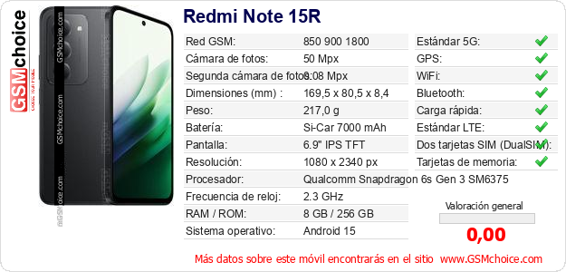 Redmi Note 15R Datos técnicos del móvil Redmi Note 15R Datos técnicos del móvil