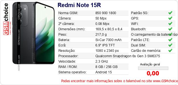 Redmi Note 15R Especificações técnicas do telemóvel Redmi Note 15R Especificações técnicas do telemóvel