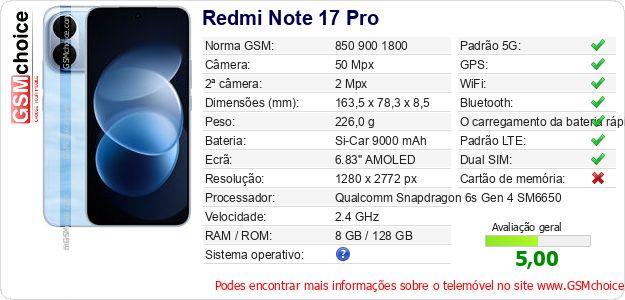 Redmi Note 17 Pro Especificações técnicas do telemóvel Redmi Note 17 Pro Especificações técnicas do telemóvel