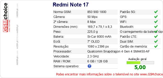 Redmi Note 17 Especificações técnicas do telemóvel Redmi Note 17 Especificações técnicas do telemóvel