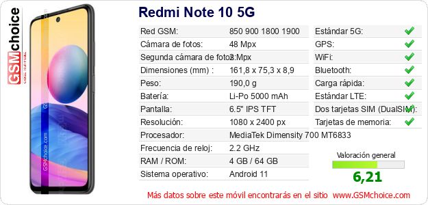Redmi Note 10 5G Datos técnicos del móvil 