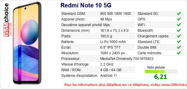 Redmi Note 10 5G Fiche technique Redmi Note 10 5G Fiche technique