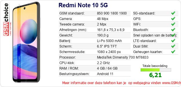 Redmi Note 10 5G Technische gegevens 