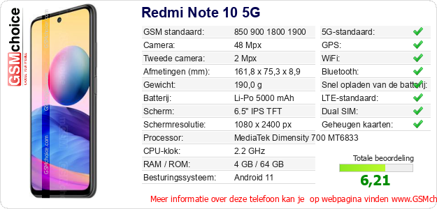 Redmi Note 10 5G Technische gegevens Redmi Note 10 5G Technische gegevens