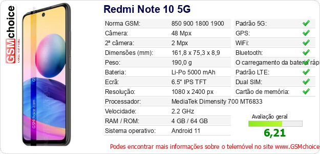 Redmi Note 10 5G Especificações técnicas do telemóvel 