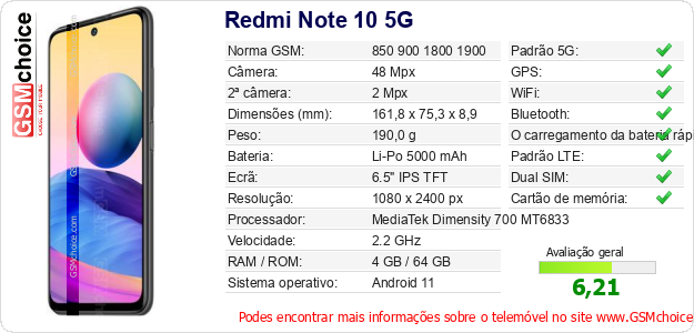 Redmi Note 10 5G Especificações técnicas do telemóvel 