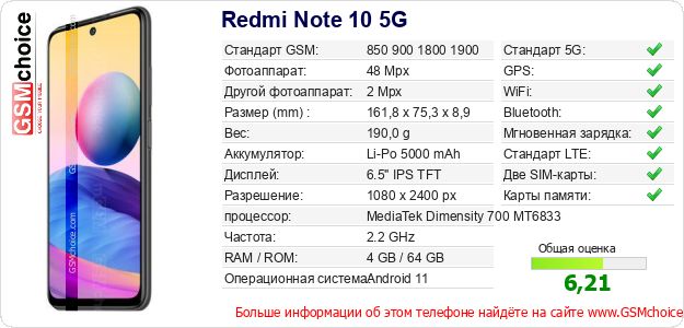 Redmi Note 10 5G Технические данные телефона Redmi Note 10 5G Технические данные телефона