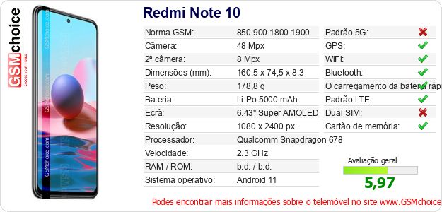 Redmi Note 10 Especificações técnicas do telemóvel 