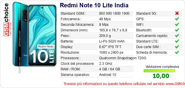 Redmi Note 10 Lite India Dati tecnici di telefono cellulare 