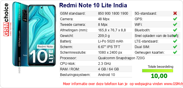Redmi Note 10 Lite India Technische gegevens 