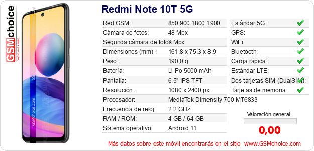 Redmi Note 10T 5G Datos técnicos del móvil Redmi Note 10T 5G Datos técnicos del móvil