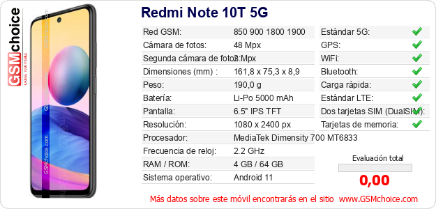 Redmi Note 10T 5G Datos técnicos del móvil Redmi Note 10T 5G Datos técnicos del móvil