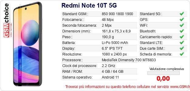 Redmi Note 10T 5G Dati tecnici di telefono cellulare 