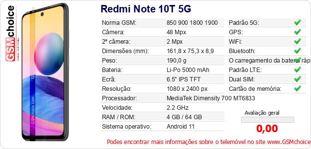 Redmi Note 10T 5G Especificações técnicas do telemóvel Redmi Note 10T 5G Especificações técnicas do telemóvel