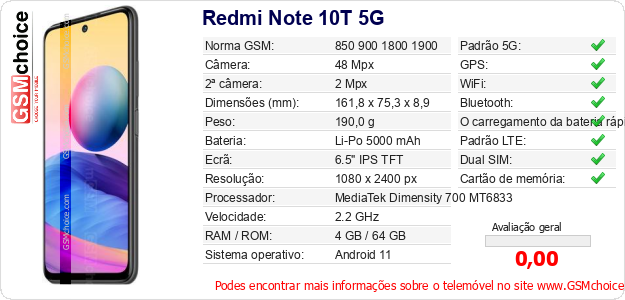 Redmi Note 10T 5G Especificações técnicas do telemóvel Redmi Note 10T 5G Especificações técnicas do telemóvel