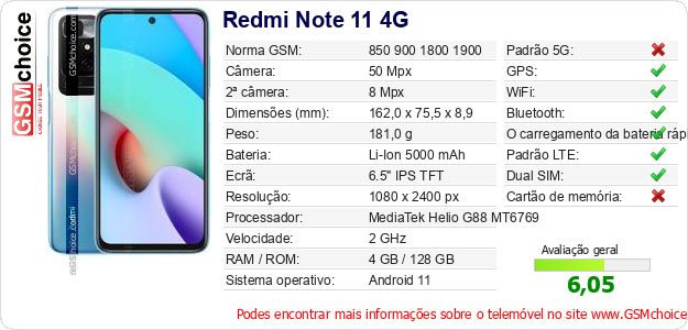 Redmi Note 11 4G Especificações técnicas do telemóvel 