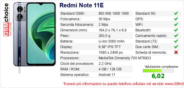 Redmi Note 11E Dati tecnici di telefono cellulare 