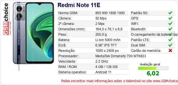 Redmi Note 11E Especificações técnicas do telemóvel 