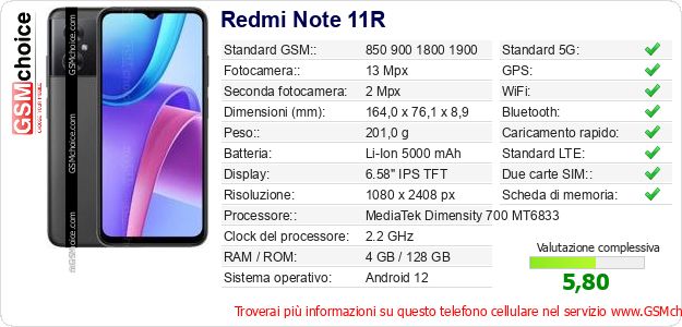 Redmi Note 11R Dati tecnici di telefono cellulare 