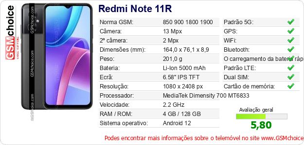 Redmi Note 11R Especificações técnicas do telemóvel 