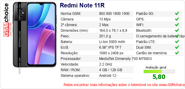 Redmi Note 11R Especificações técnicas do telemóvel 