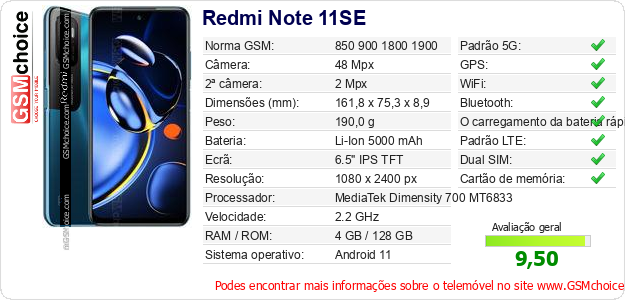 Redmi Note 11SE Especificações técnicas do telemóvel 