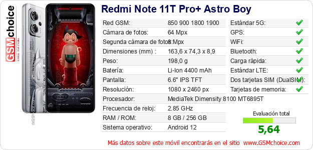 Redmi Note 11T Pro+ Astro Boy Datos técnicos del móvil 