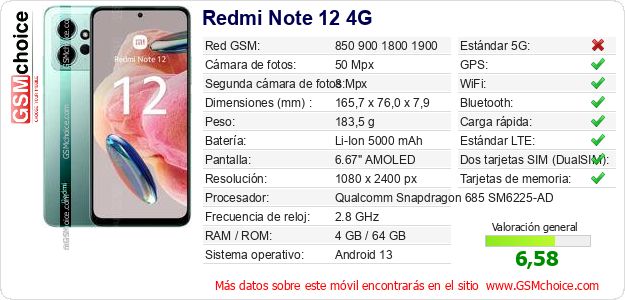 Redmi Note 12 4G Datos técnicos del móvil Redmi Note 12 4G Datos técnicos del móvil