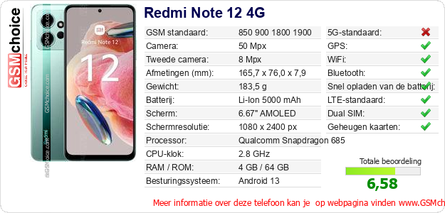 Redmi Note 12 4G Technische gegevens Redmi Note 12 4G Technische gegevens
