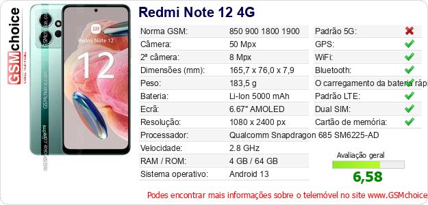 Redmi Note 12 4G Especificações técnicas do telemóvel Redmi Note 12 4G Especificações técnicas do telemóvel